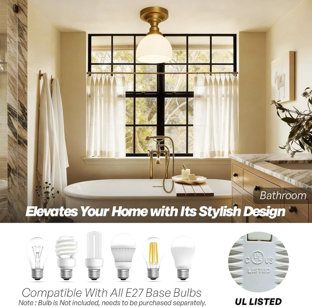 Alt view image 4 of 7 - Semi Flush Mount Ceiling Light Brass Gold Close to Ceiling Fixture