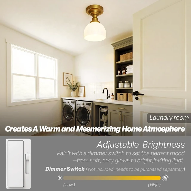 Alt view image 5 of 7 - Semi Flush Mount Ceiling Light Brass Gold Close to Ceiling Fixture