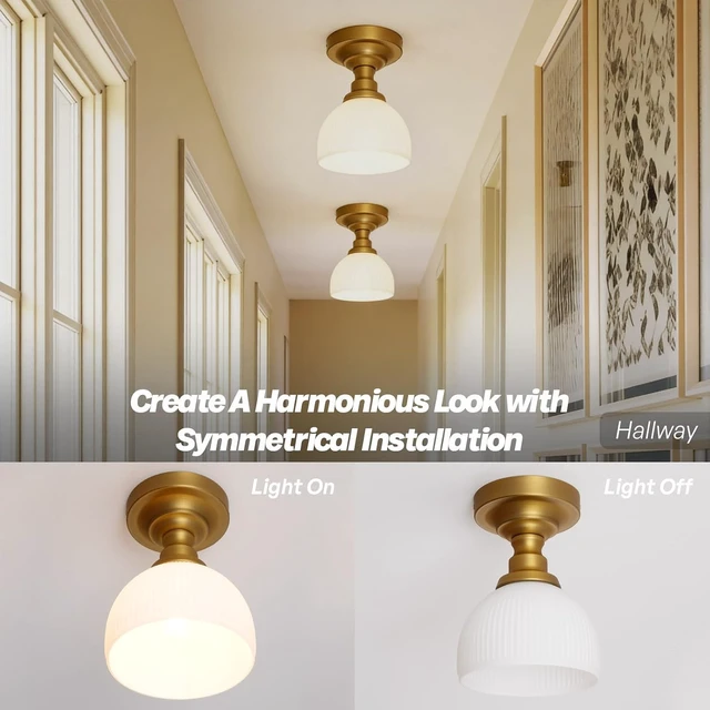 Alt view image 7 of 7 - Semi Flush Mount Ceiling Light Brass Gold Close to Ceiling Fixture