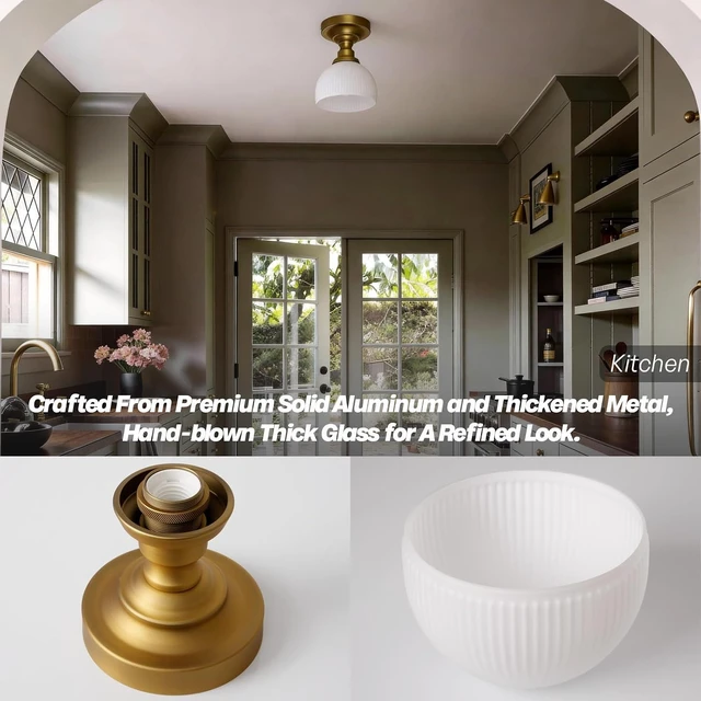 Alt view image 6 of 7 - Semi Flush Mount Ceiling Light Brass Gold Close to Ceiling Fixture