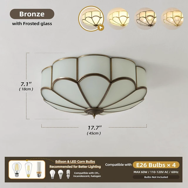 Alt view image 2 of 7 - Vintage Bronze Ceiling Light - 17.7 In Mid Century Flush Mount Fixture