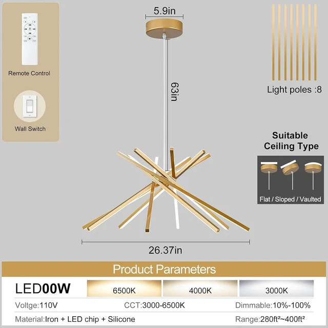 Alt view image 3 of 7 - Modern Sputnik LED Chandelier,Gold Dimmable Hanging Pendant Light