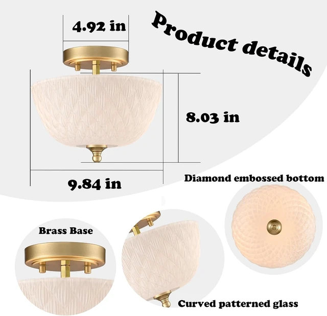 Alt view image 5 of 7 - Semi Flush Mount Ceiling Light with Diamond Embossed Frosted Glass Shade