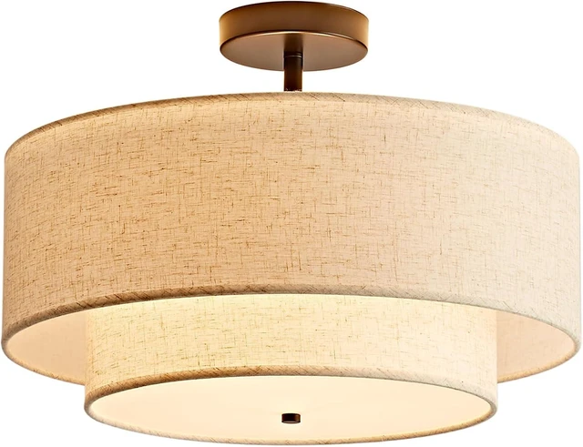 Main image of 18" Semi Flush Mount Ceiling Light, Classic Fabric Linen Double Drum 3-Light, Farmhouse Black Light Fixture for Living Room, Bedroom, Kitchen, Dining Room