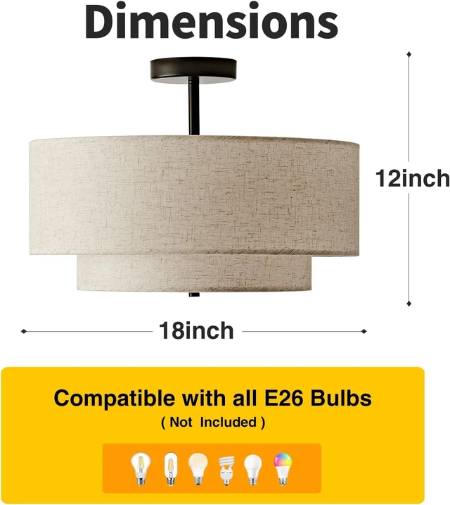 Alt view image 2 of 7 - 18" Semi Flush Mount Ceiling Light, Classic Fabric Linen Double Drum 3-Light, Farmhouse Black Light Fixture for Living Room, Bedroom, Kitchen, Dining Room