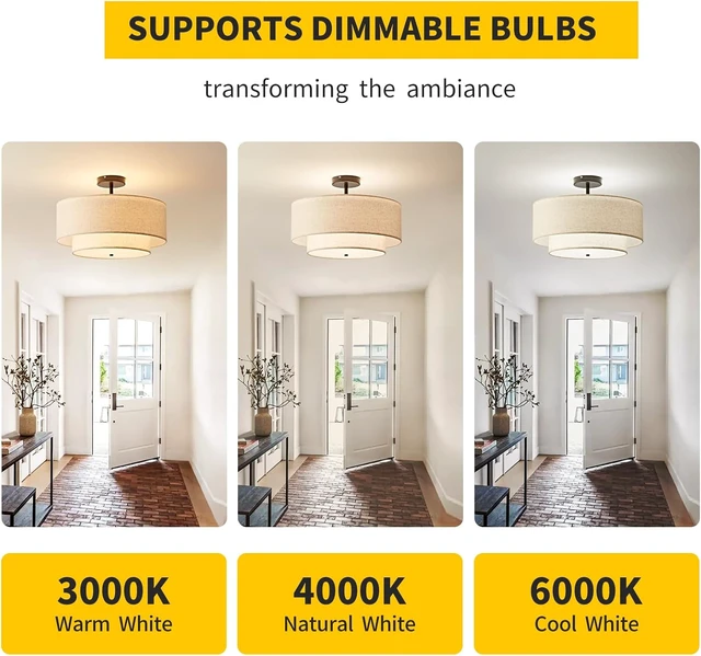 Alt view image 3 of 7 - 18" Semi Flush Mount Ceiling Light, Classic Fabric Linen Double Drum 3-Light, Farmhouse Black Light Fixture for Living Room, Bedroom, Kitchen, Dining Room