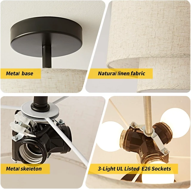 Alt view image 4 of 7 - 18" Semi Flush Mount Ceiling Light, Classic Fabric Linen Double Drum 3-Light, Farmhouse Black Light Fixture for Living Room, Bedroom, Kitchen, Dining Room
