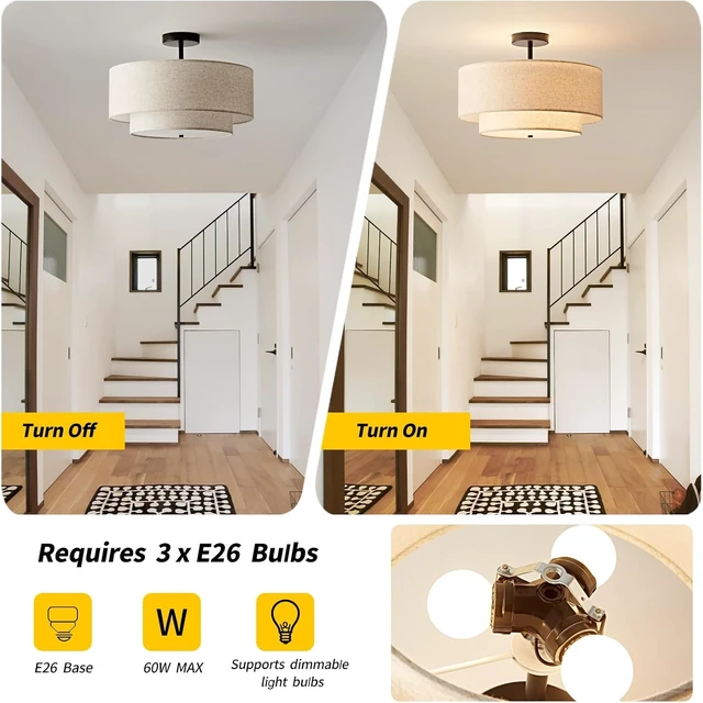 Alt view image 5 of 7 - 18" Semi Flush Mount Ceiling Light, Classic Fabric Linen Double Drum 3-Light, Farmhouse Black Light Fixture for Living Room, Bedroom, Kitchen, Dining Room