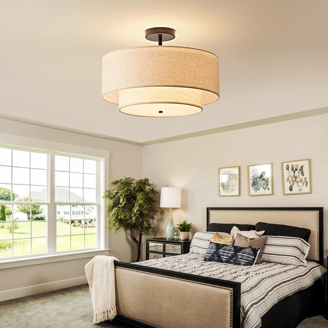 Alt view image 7 of 7 - 18" Semi Flush Mount Ceiling Light, Classic Fabric Linen Double Drum 3-Light, Farmhouse Black Light Fixture for Living Room, Bedroom, Kitchen, Dining Room