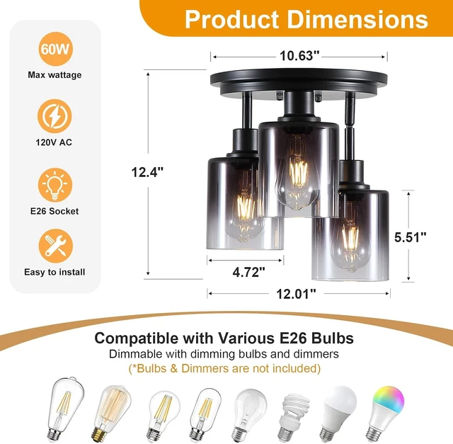 Alt view image 2 of 6 - 3-Light Black Semi Flush Mount Ceiling Light with Gradient Smoked Glass Shade, Modern Farmhouse Close to Ceiling Light Fixtures for Bedroom Kitchen Hallway Entryway, E26 Base