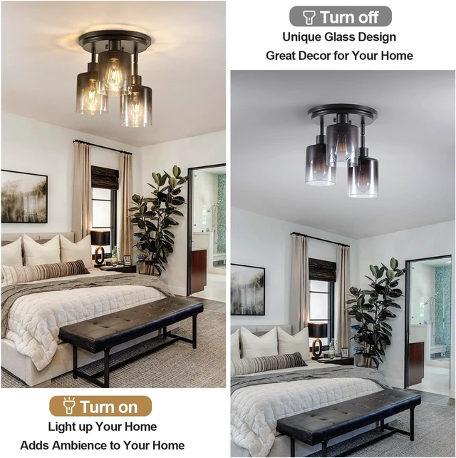 Alt view image 3 of 6 - 3-Light Black Semi Flush Mount Ceiling Light with Gradient Smoked Glass Shade, Modern Farmhouse Close to Ceiling Light Fixtures for Bedroom Kitchen Hallway Entryway, E26 Base