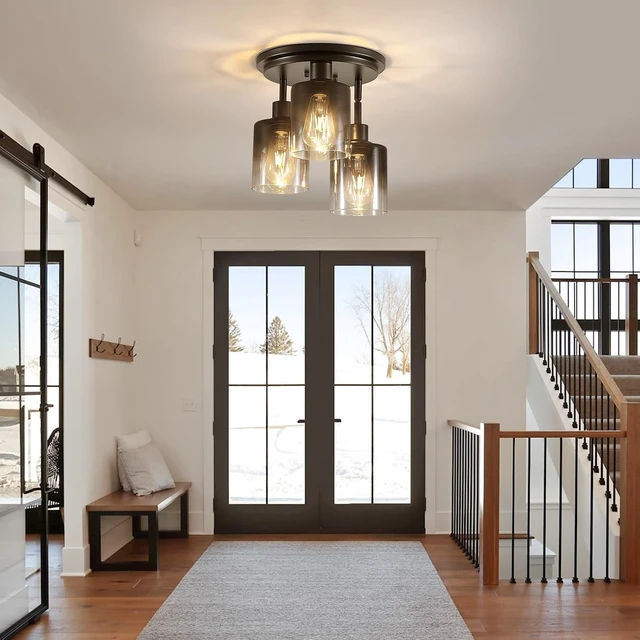 Alt view image 4 of 6 - 3-Light Black Semi Flush Mount Ceiling Light with Gradient Smoked Glass Shade, Modern Farmhouse Close to Ceiling Light Fixtures for Bedroom Kitchen Hallway Entryway, E26 Base
