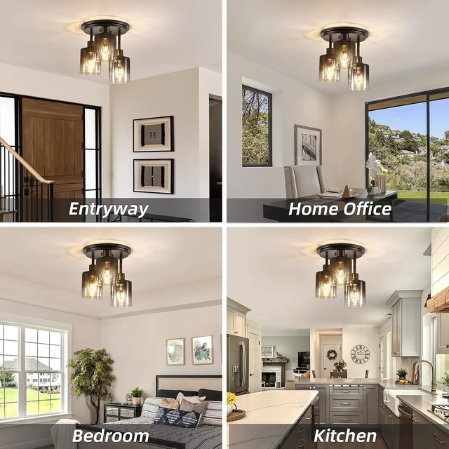 Alt view image 5 of 6 - 3-Light Black Semi Flush Mount Ceiling Light with Gradient Smoked Glass Shade, Modern Farmhouse Close to Ceiling Light Fixtures for Bedroom Kitchen Hallway Entryway, E26 Base