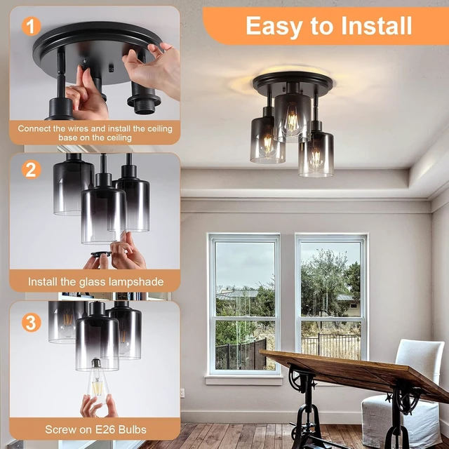 Alt view image 6 of 6 - 3-Light Black Semi Flush Mount Ceiling Light with Gradient Smoked Glass Shade, Modern Farmhouse Close to Ceiling Light Fixtures for Bedroom Kitchen Hallway Entryway, E26 Base