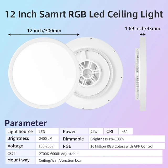 Alt view image 7 of 7 - 12Inch Smart RGB Flush Mount Ceiling Light,24W,2400LMDimmable Light Fixture