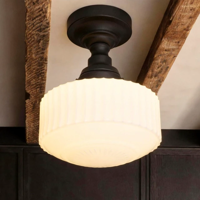 Main image of Vintage Black Semi Flush Mount Ceiling Light,Milk Glass Ceiling Lights