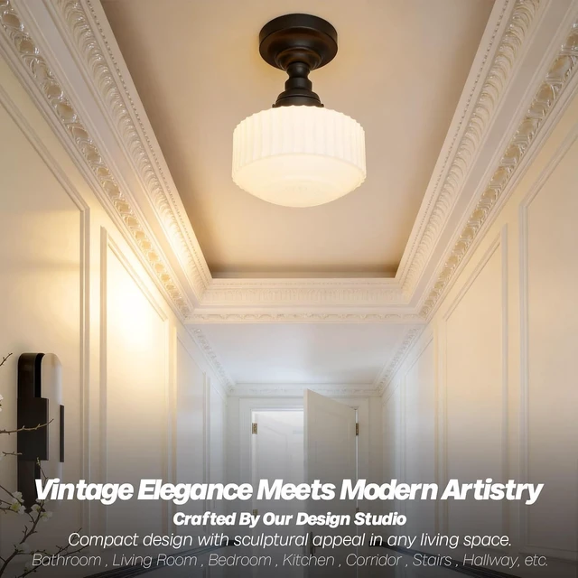 Alt view image 2 of 7 - Vintage Black Semi Flush Mount Ceiling Light,Milk Glass Ceiling Lights