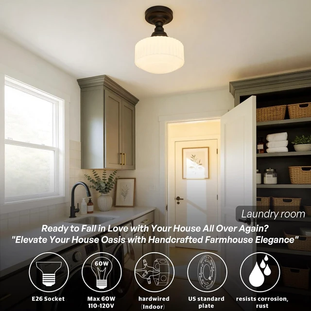 Alt view image 3 of 7 - Vintage Black Semi Flush Mount Ceiling Light,Milk Glass Ceiling Lights