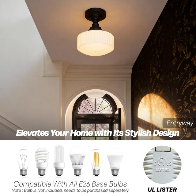 Alt view image 4 of 7 - Vintage Black Semi Flush Mount Ceiling Light,Milk Glass Ceiling Lights