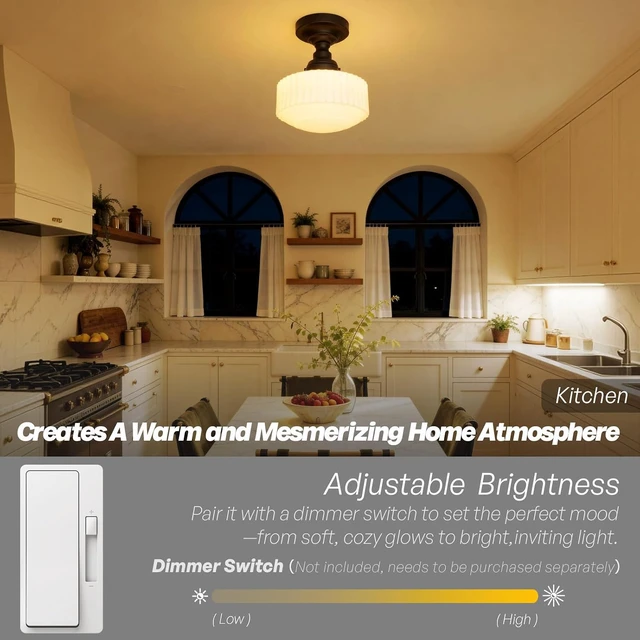 Alt view image 5 of 7 - Vintage Black Semi Flush Mount Ceiling Light,Milk Glass Ceiling Lights