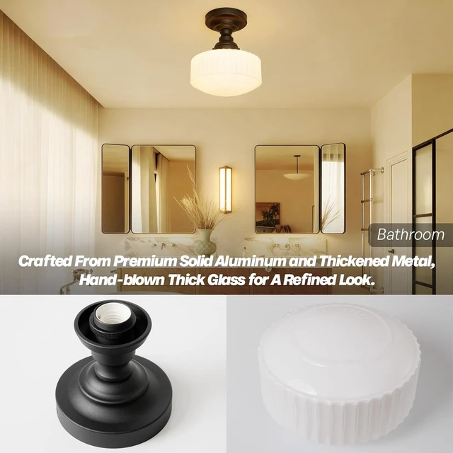 Alt view image 6 of 7 - Vintage Black Semi Flush Mount Ceiling Light,Milk Glass Ceiling Lights