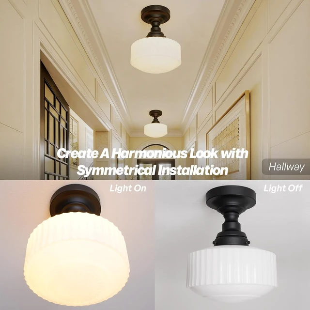 Alt view image 7 of 7 - Vintage Black Semi Flush Mount Ceiling Light,Milk Glass Ceiling Lights