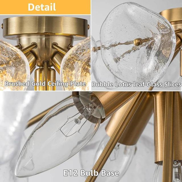 Alt view image 4 of 7 - Semi Flush Mount Ceiling Light, Mid Century Modern Chandelier Gold 5 Light