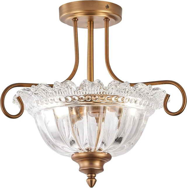 Main image of Vintage Brass Ceiling Light 2-Bulb Semi Flush Mount Ceiling Light with Glass for Bedroom Living Room Hallway Close to Ceiling Light Fixture,Bulbs Not Included