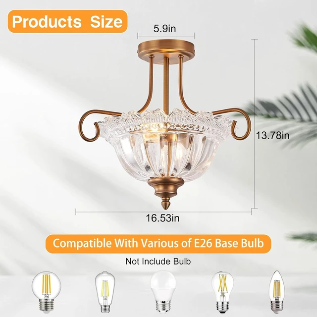 Alt view image 3 of 7 - Vintage Brass Ceiling Light 2-Bulb Semi Flush Mount Ceiling Light with Glass for Bedroom Living Room Hallway Close to Ceiling Light Fixture,Bulbs Not Included