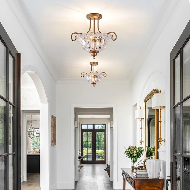 Alt view image 4 of 7 - Vintage Brass Ceiling Light 2-Bulb Semi Flush Mount Ceiling Light with Glass for Bedroom Living Room Hallway Close to Ceiling Light Fixture,Bulbs Not Included