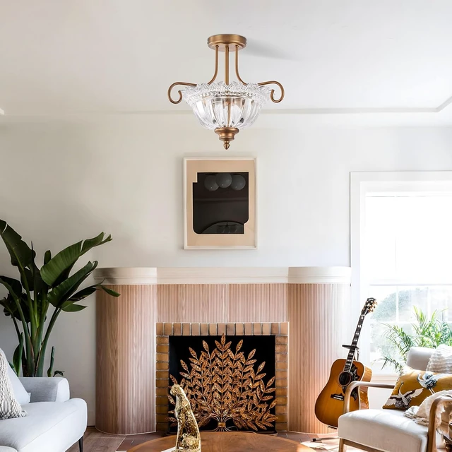 Alt view image 5 of 7 - Vintage Brass Ceiling Light 2-Bulb Semi Flush Mount Ceiling Light with Glass for Bedroom Living Room Hallway Close to Ceiling Light Fixture,Bulbs Not Included