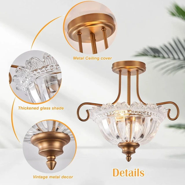 Alt view image 6 of 7 - Vintage Brass Ceiling Light 2-Bulb Semi Flush Mount Ceiling Light with Glass for Bedroom Living Room Hallway Close to Ceiling Light Fixture,Bulbs Not Included