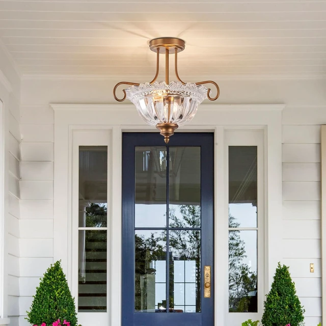 Alt view image 7 of 7 - Vintage Brass Ceiling Light 2-Bulb Semi Flush Mount Ceiling Light with Glass for Bedroom Living Room Hallway Close to Ceiling Light Fixture,Bulbs Not Included