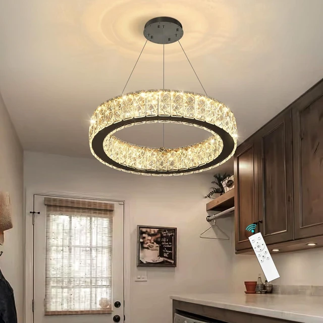 Main image of Modern Crystal Chandelier 15W LED Dimmable Lighting Fixture Adjustable Round Pendant Light for Dining Room Living Room Kitchen Bedroom Black