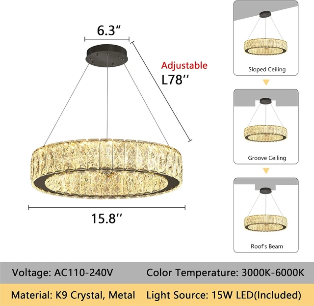 Alt view image 3 of 7 - Modern Crystal Chandelier 15W LED Dimmable Lighting Fixture Adjustable Round Pendant Light for Dining Room Living Room Kitchen Bedroom Black