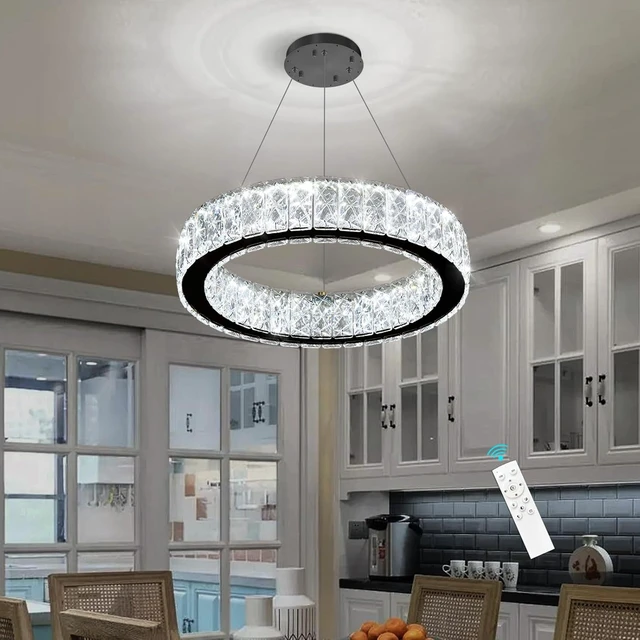 Alt view image 4 of 7 - Modern Crystal Chandelier 15W LED Dimmable Lighting Fixture Adjustable Round Pendant Light for Dining Room Living Room Kitchen Bedroom Black