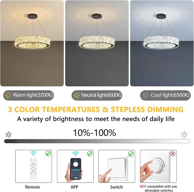 Alt view image 6 of 7 - Modern Crystal Chandelier 15W LED Dimmable Lighting Fixture Adjustable Round Pendant Light for Dining Room Living Room Kitchen Bedroom Black