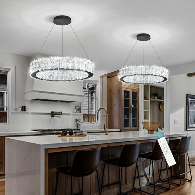 Alt view image 7 of 7 - Modern Crystal Chandelier 15W LED Dimmable Lighting Fixture Adjustable Round Pendant Light for Dining Room Living Room Kitchen Bedroom Black