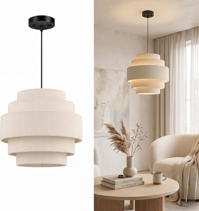 Main image of AUQUEE 5-Tier Corduroy Pendant Light for Kitchen Island, 13 Anti-Glare Boho Hanging Light Fixture, Adjustable Modern Ceiling Chandelier for Dining Room Bedroom Living Room Entryway Hallway, Beige