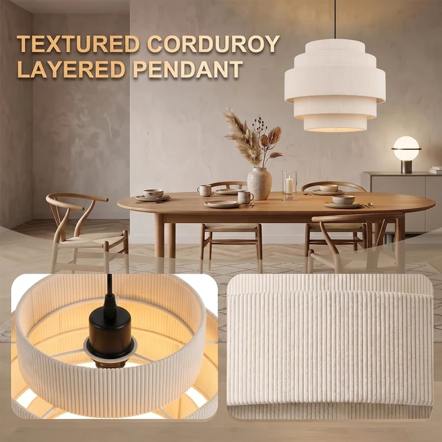 Alt view image 2 of 7 - AUQUEE 5-Tier Corduroy Pendant Light for Kitchen Island, 13 Anti-Glare Boho Hanging Light Fixture, Adjustable Modern Ceiling Chandelier for Dining Room Bedroom Living Room Entryway Hallway, Beige