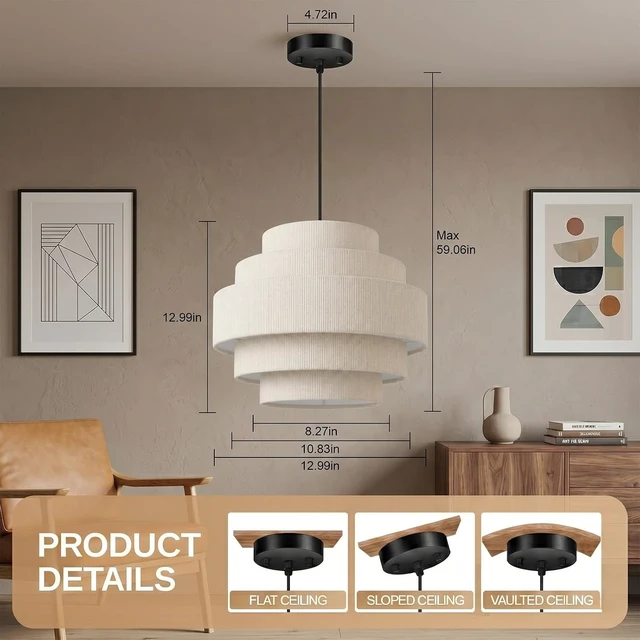Alt view image 3 of 7 - AUQUEE 5-Tier Corduroy Pendant Light for Kitchen Island, 13 Anti-Glare Boho Hanging Light Fixture, Adjustable Modern Ceiling Chandelier for Dining Room Bedroom Living Room Entryway Hallway, Beige