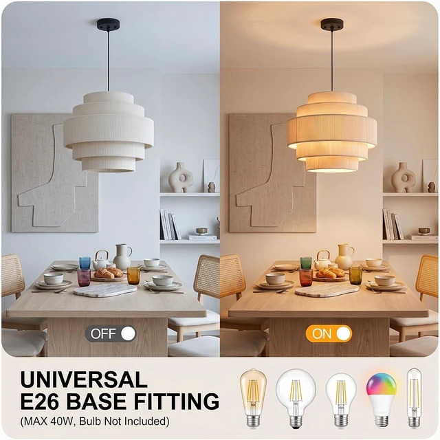 Alt view image 4 of 7 - AUQUEE 5-Tier Corduroy Pendant Light for Kitchen Island, 13 Anti-Glare Boho Hanging Light Fixture, Adjustable Modern Ceiling Chandelier for Dining Room Bedroom Living Room Entryway Hallway, Beige