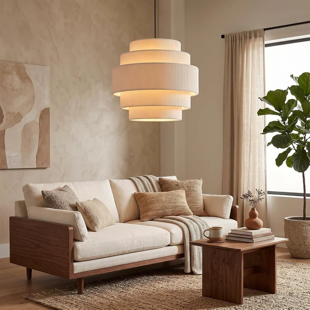 Alt view image 6 of 7 - AUQUEE 5-Tier Corduroy Pendant Light for Kitchen Island, 13 Anti-Glare Boho Hanging Light Fixture, Adjustable Modern Ceiling Chandelier for Dining Room Bedroom Living Room Entryway Hallway, Beige