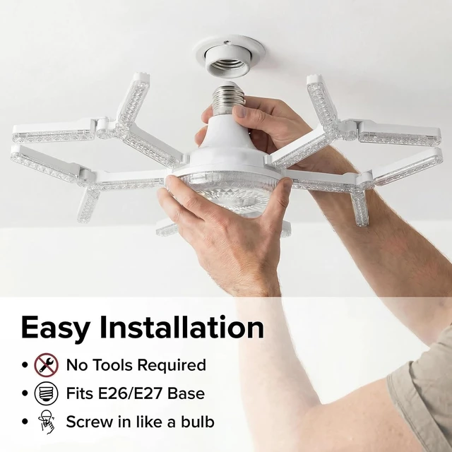 Alt view image 3 of 7 - Deformable LED Garage Light, 10000 Lumens 100W Ceiling Light, E26 Screw in Ceiling Light, Snowflake Crystal Design, 6500K Daylight LED Shop Light for Garage Workshop Basement Gym, 1 Pack
