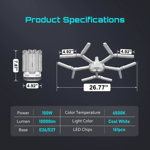 Alt view image 5 of 7 - Deformable LED Garage Light, 10000 Lumens 100W Ceiling Light, E26 Screw in Ceiling Light, Snowflake Crystal Design, 6500K Daylight LED Shop Light for Garage Workshop Basement Gym, 1 Pack