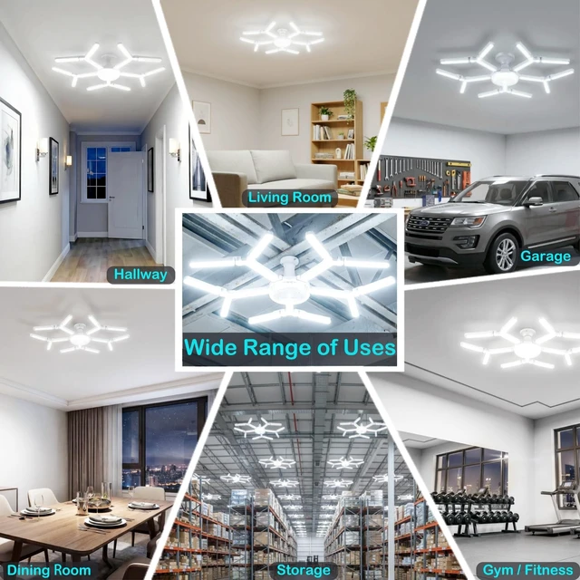 Alt view image 7 of 7 - Deformable LED Garage Light, 10000 Lumens 100W Ceiling Light, E26 Screw in Ceiling Light, Snowflake Crystal Design, 6500K Daylight LED Shop Light for Garage Workshop Basement Gym, 1 Pack