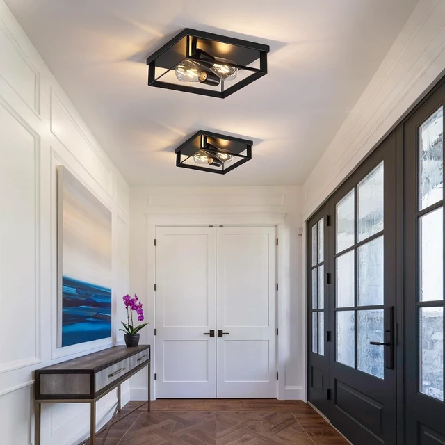 Alt view image 2 of 7 - 2 Pack Black Flush Mount Ceiling Light, 2-Light Industrial Farmhouse Ceiling Light Fixture with E26 Base, Modern Metal Square Close to Ceiling Light for Kitchen Hallway Entryway Living Room