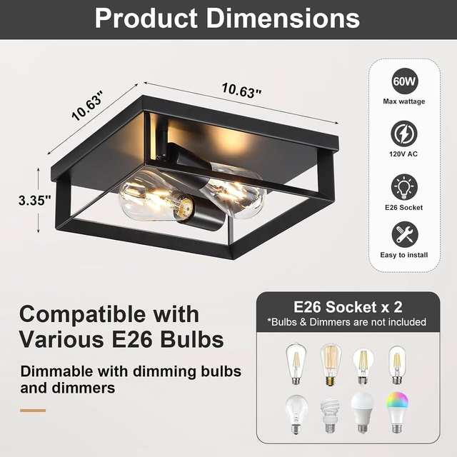 Alt view image 3 of 7 - 2 Pack Black Flush Mount Ceiling Light, 2-Light Industrial Farmhouse Ceiling Light Fixture with E26 Base, Modern Metal Square Close to Ceiling Light for Kitchen Hallway Entryway Living Room