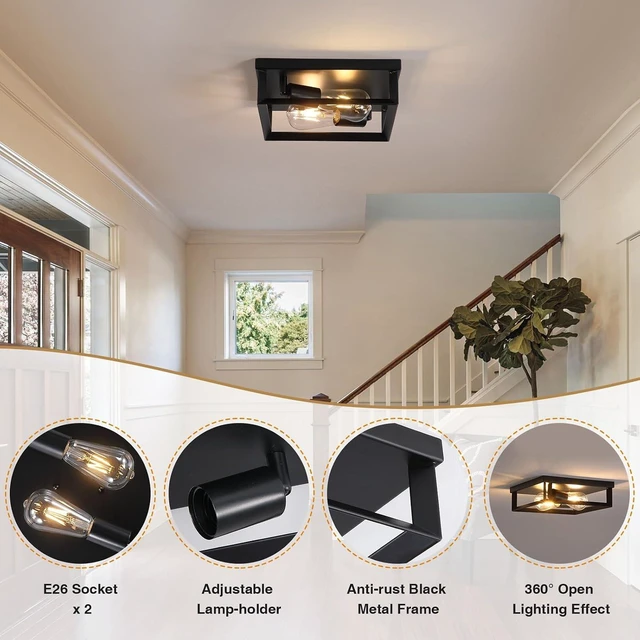 Alt view image 4 of 7 - 2 Pack Black Flush Mount Ceiling Light, 2-Light Industrial Farmhouse Ceiling Light Fixture with E26 Base, Modern Metal Square Close to Ceiling Light for Kitchen Hallway Entryway Living Room