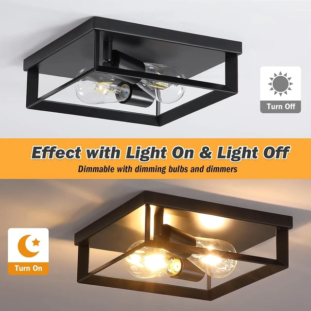 Alt view image 5 of 7 - 2 Pack Black Flush Mount Ceiling Light, 2-Light Industrial Farmhouse Ceiling Light Fixture with E26 Base, Modern Metal Square Close to Ceiling Light for Kitchen Hallway Entryway Living Room